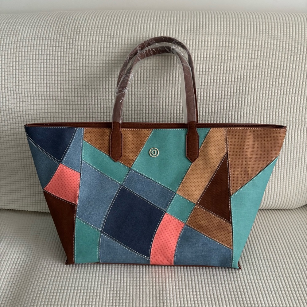 Desigual Patchwork Tote in Teal, Navy, Coral & Brown